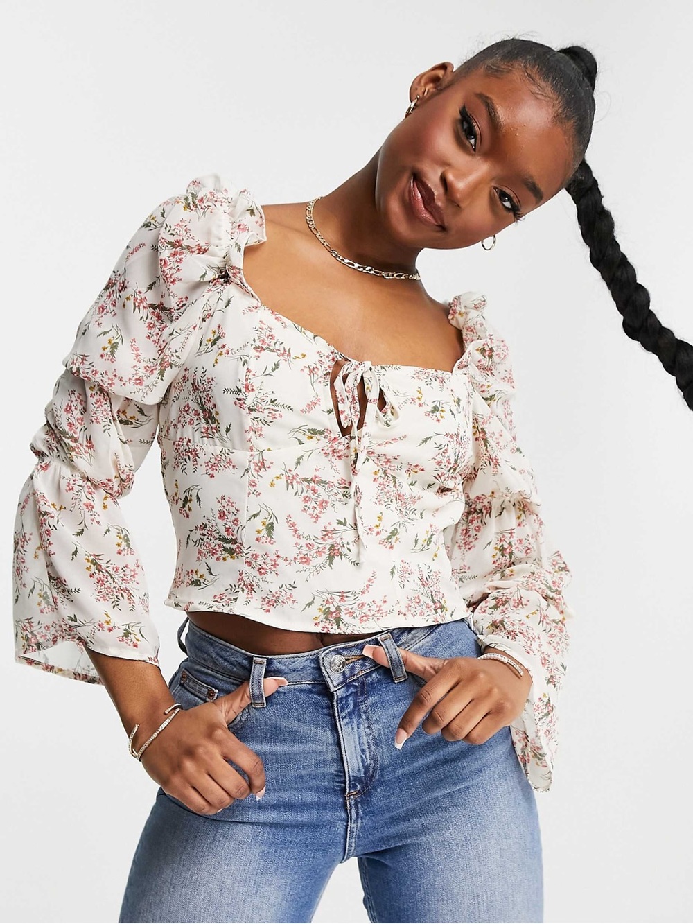 Missguided Floral Tie-Front Peasant Top